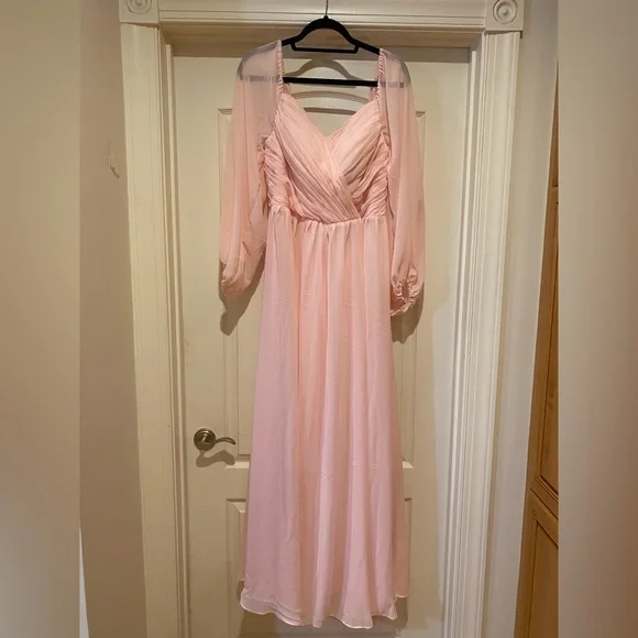chinese dress ladies BABARONI Tulle with Appliqued Long Sleeves Dress-Pearl Pink, Pearl Pink / US0